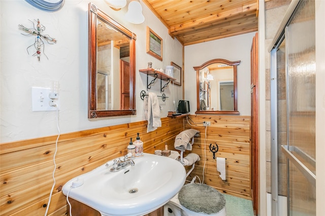 1055 Miller Rd, Reno, TX 76020 - bathroom featuring wooden ceiling, a sink, wood walls, wainscoting, and toilet