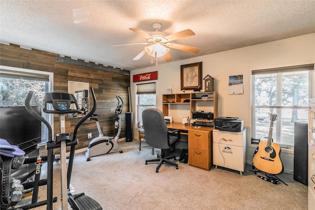 1055 Miller Rd, Reno, TX 76020 - office space with wood walls, a textured ceiling, healthy amount of natural light, a ceiling fan, and light colored carpet