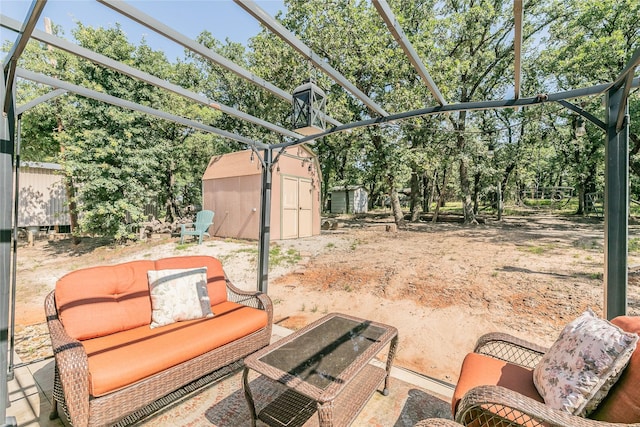 1055 Miller Rd, Reno, TX 76020 - view of patio / terrace with outdoor lounge area, a pergola, and view of wooded area