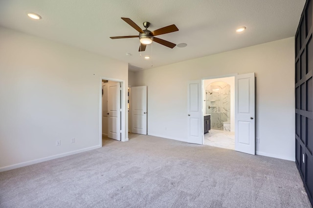 17204 Clover Dr, Celina, TX 75009 - unfurnished bedroom with light carpet, recessed lighting, connected bathroom, baseboards, and ceiling fan
