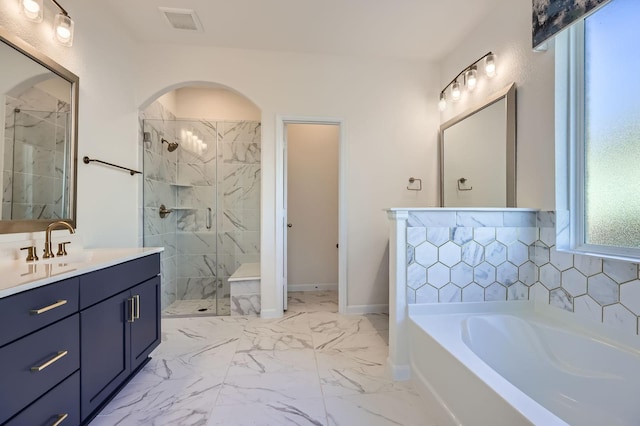 17204 Clover Dr, Celina, TX 75009 - full bath with a garden tub, a marble finish shower, vanity, marble finish floors, and baseboards