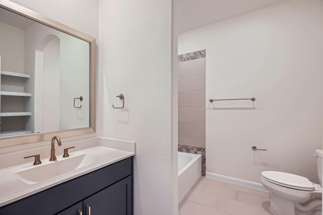 17204 Clover Dr, Celina, TX 75009 - bathroom featuring toilet, vanity, tile patterned floors, baseboards, and bathtub / shower combination