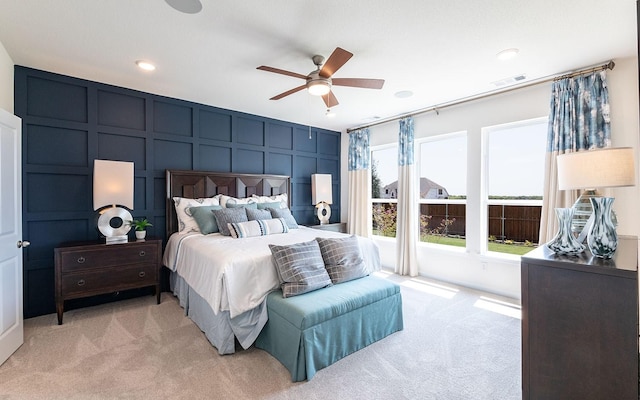 17204 Clover Dr, Celina, TX 75009 - bedroom featuring a decorative wall, light carpet, recessed lighting, and ceiling fan