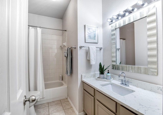 11471 Balcones Dr, Frisco, TX 75033 - bathroom featuring vanity, toilet, tile patterned flooring, and shower / tub combo with curtain