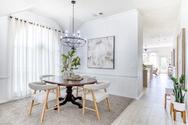 11471 Balcones Dr, Frisco, TX 75033 - dining room with a chandelier, lofted ceiling, ornamental molding, and breakfast area