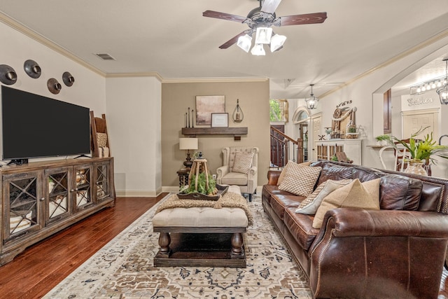 1702 Clarke Springs Dr, Allen, TX 75002 - living area featuring ornamental molding, wood finished floors, ceiling fan, stairs, and baseboards