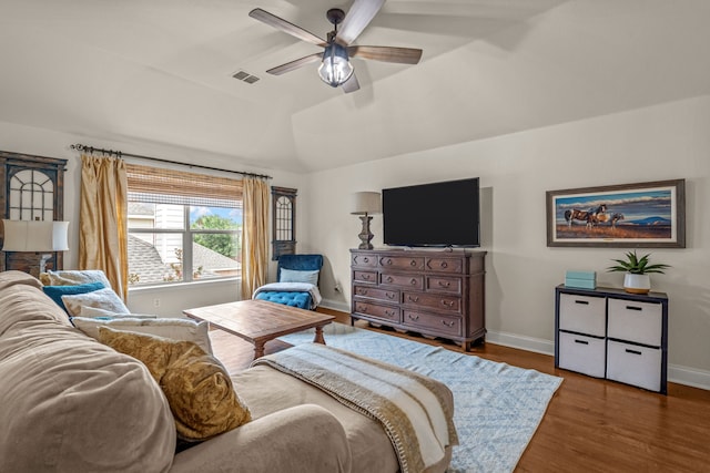 1702 Clarke Springs Dr, Allen, TX 75002 - living area with a ceiling fan, vaulted ceiling, wood finished floors, and baseboards