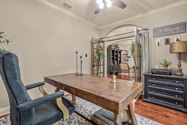 1702 Clarke Springs Dr, Allen, TX 75002 - office area with ornamental molding, ceiling fan, wood finished floors, and baseboards