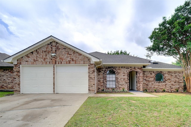 6420 Green Ridge Dr, Watauga, TX 76148 - ranch-style home featuring concrete driveway, brick siding, a garage, a shingled roof, and a front yard