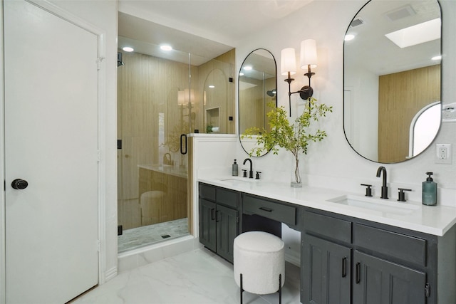 6420 Green Ridge Dr, Watauga, TX 76148 - full bath with a skylight, double vanity, a stall shower, marble finish floors, and recessed lighting