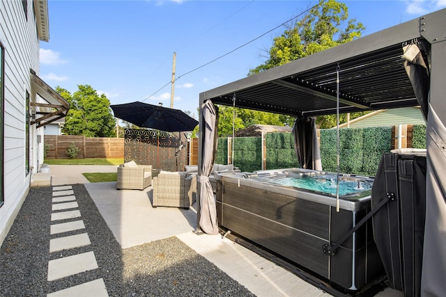 3502 Vilbig Rd, Dallas, TX 75212 - fenced backyard with a hot tub, a patio area, and a pergola