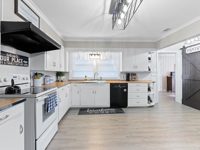 910 N Mill St, Bowie, TX 76230 - kitchen with dishwasher, white range with electric cooktop, open shelves, crown molding, and white cabinets