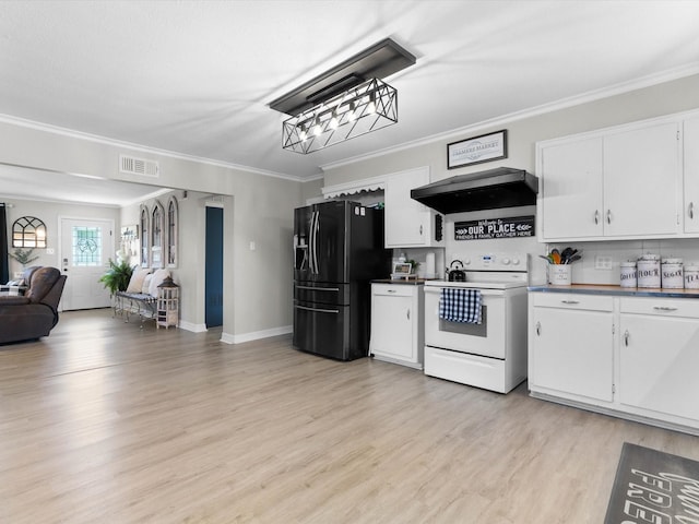 910 N Mill St, Bowie, TX 76230 - kitchen featuring white range with electric cooktop, refrigerator with ice dispenser, under cabinet range hood, open floor plan, and white cabinets