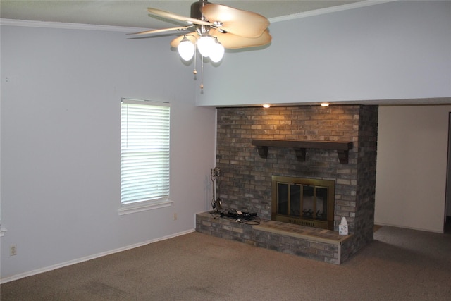 1424 Valley Trl, Mesquite, TX 75149 - unfurnished living room with a fireplace, ceiling fan, crown molding, plenty of natural light, and carpet floors