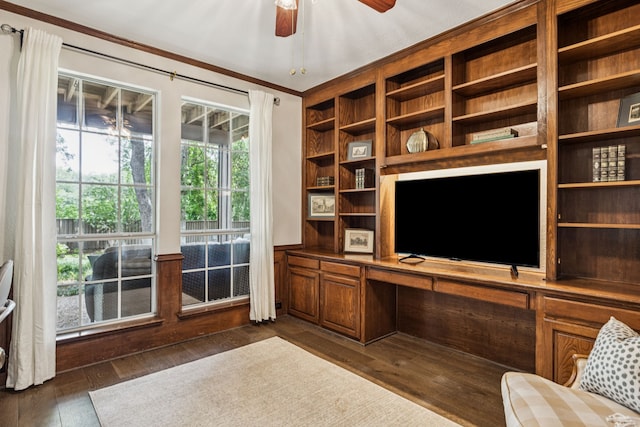 726 Nettleton Dr, Southlake, TX 76092 - office with ceiling fan, crown molding, and dark wood-type flooring