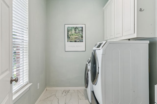 726 Nettleton Dr, Southlake, TX 76092 - washroom featuring separate washer and dryer, cabinet space, light marble finish flooring, and baseboards