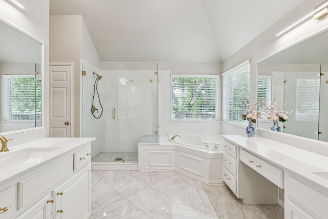 726 Nettleton Dr, Southlake, TX 76092 - bathroom featuring lofted ceiling, a stall shower, a bath, two vanities, and marble finish floors