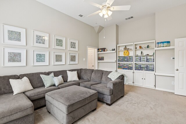 726 Nettleton Dr, Southlake, TX 76092 - living room featuring a ceiling fan, carpet floors, and high vaulted ceiling