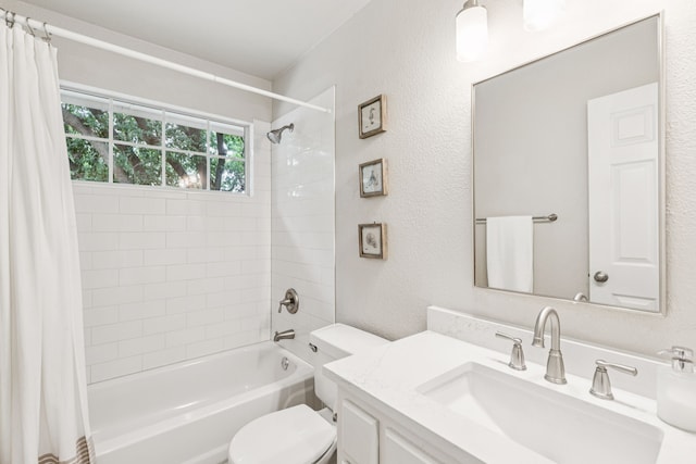 726 Nettleton Dr, Southlake, TX 76092 - full bathroom featuring shower / tub combo with curtain, toilet, vanity, and a textured wall