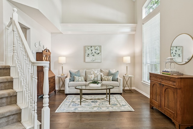 726 Nettleton Dr, Southlake, TX 76092 - living room featuring a high ceiling, stairs, dark wood-style flooring, and baseboards