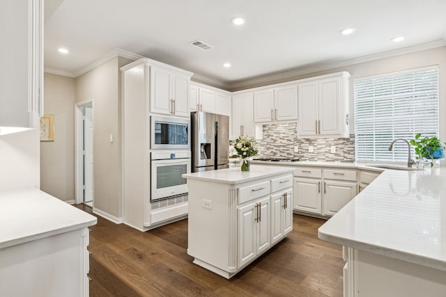 726 Nettleton Dr, Southlake, TX 76092 - kitchen with stainless steel appliances, a sink, crown molding, backsplash, and dark wood-type flooring