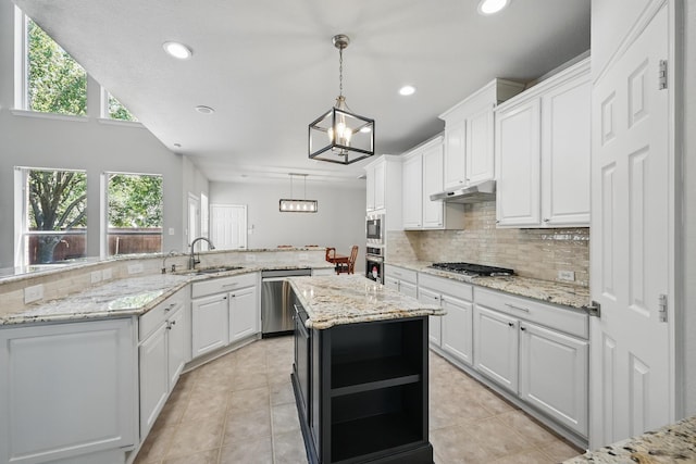 14877 Snowshill Dr, Frisco, TX 75035 - kitchen featuring appliances with stainless steel finishes, a sink, a kitchen island, under cabinet range hood, and white cabinets