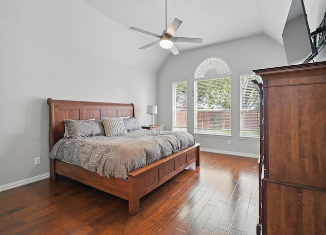 14877 Snowshill Dr, Frisco, TX 75035 - bedroom featuring vaulted ceiling, dark wood-type flooring, baseboards, and a ceiling fan