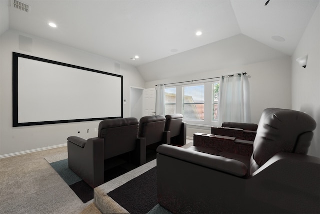 14877 Snowshill Dr, Frisco, TX 75035 - home theater room featuring lofted ceiling, recessed lighting, carpet flooring, and baseboards