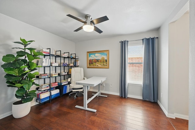 14877 Snowshill Dr, Frisco, TX 75035 - office with a ceiling fan, hardwood / wood-style flooring, and baseboards