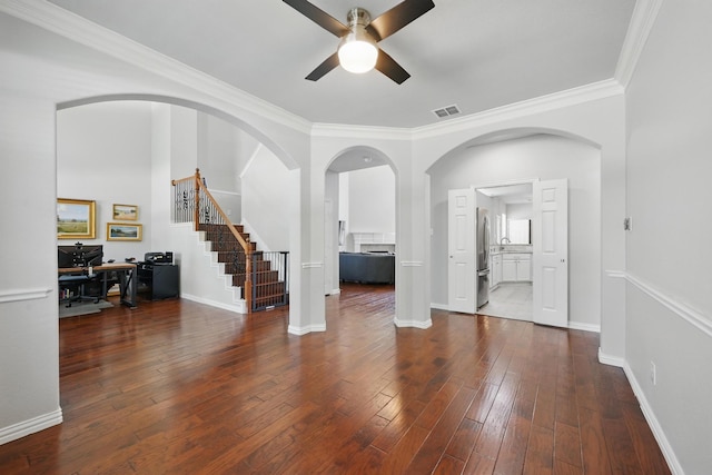 14877 Snowshill Dr, Frisco, TX 75035 - living room featuring ceiling fan, a desk, ornamental molding, stairway, and hardwood / wood-style floors