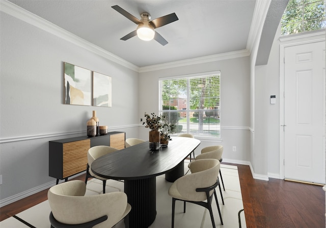 14877 Snowshill Dr, Frisco, TX 75035 - dining space with dark wood-style flooring, a ceiling fan, ornamental molding, and baseboards