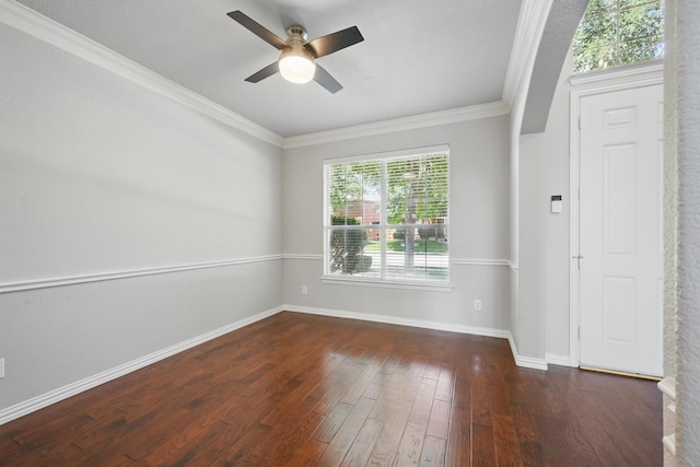 14877 Snowshill Dr, Frisco, TX 75035 - spare room featuring wood-type flooring, baseboards, a ceiling fan, and ornamental molding