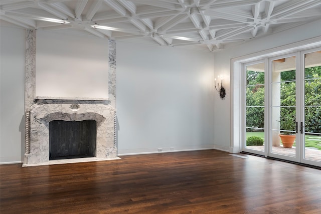 4400 Belfort Pl, Highland Park, TX 75205 - unfurnished living room featuring coffered ceiling, a high end fireplace, wood finished floors, baseboards, and beam ceiling
