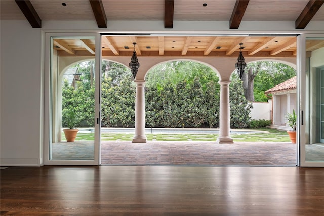4400 Belfort Pl, Highland Park, TX 75205 - doorway featuring beam ceiling and wood finished floors