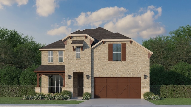4203 Windy Point Rd, Oak Point, TX 75068 - view of front of home with concrete driveway, a garage, brick siding, and a shingled roof