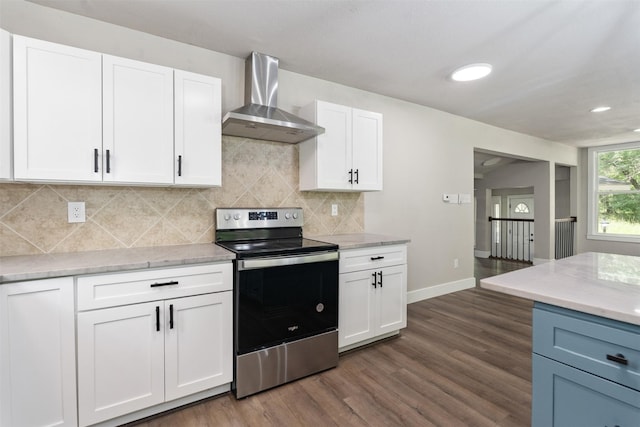 147 Carolynn Rd, Mabank, TX 75156 - kitchen featuring stainless steel range with electric cooktop, wall chimney exhaust hood, dark wood-style floors, white cabinets, and recessed lighting
