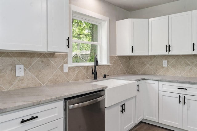 147 Carolynn Rd, Mabank, TX 75156 - kitchen with dishwasher, light stone counters, white cabinetry, decorative backsplash, and a sink
