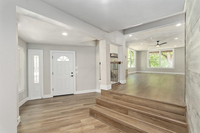 147 Carolynn Rd, Mabank, TX 75156 - foyer featuring wood finished floors, stairs, recessed lighting, baseboards, and ceiling fan