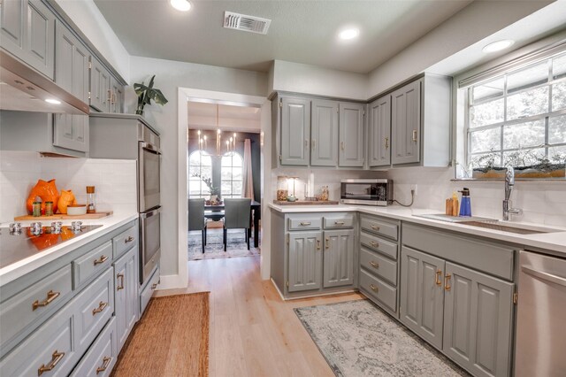 1905 Red Cypress Ct, Arlington, TX 76012 - kitchen with gray cabinetry, appliances with stainless steel finishes, a sink, backsplash, and recessed lighting