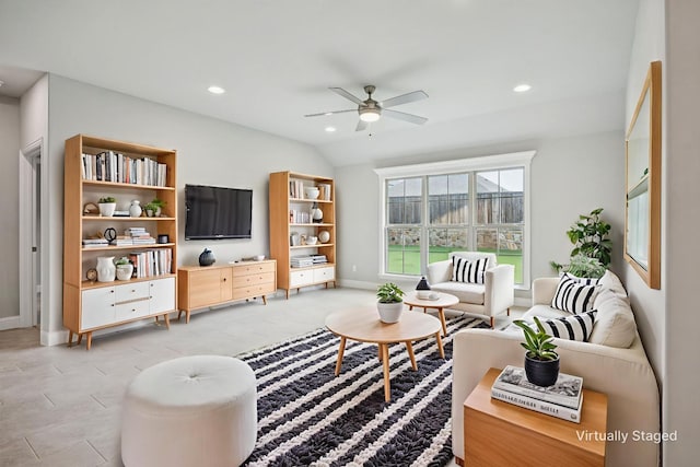 129 Braves Way, Lavon, TX 75166 - living area featuring a ceiling fan, baseboards, and recessed lighting