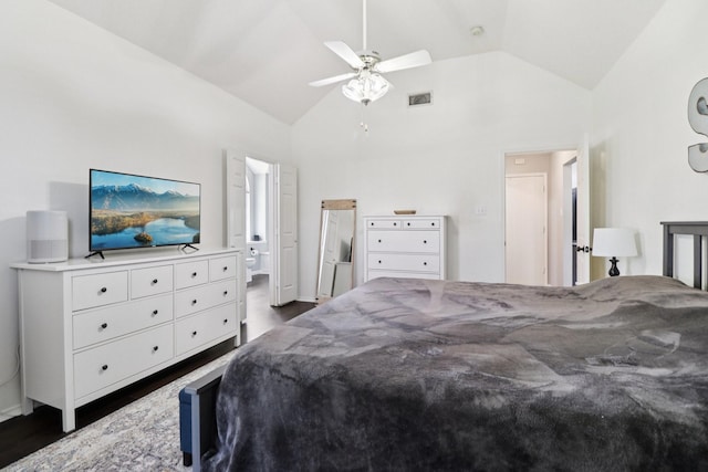 7314 Glenstone St, Rowlett, TX 75089 - bedroom with vaulted ceiling, dark wood-style floors, and ceiling fan