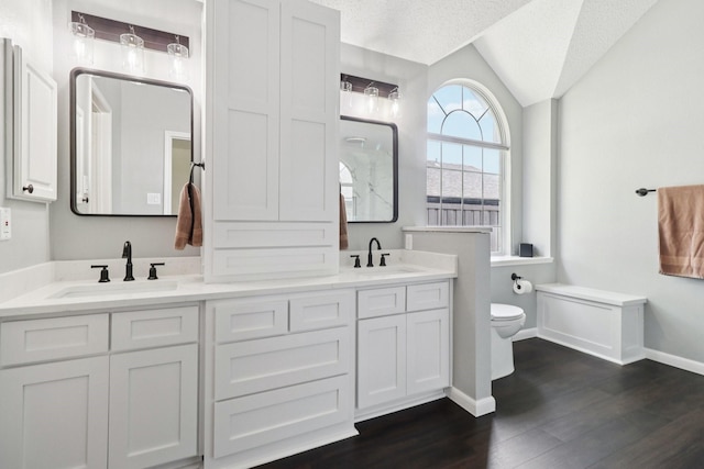 7314 Glenstone St, Rowlett, TX 75089 - full bath featuring toilet, lofted ceiling, double vanity, wood finished floors, and baseboards