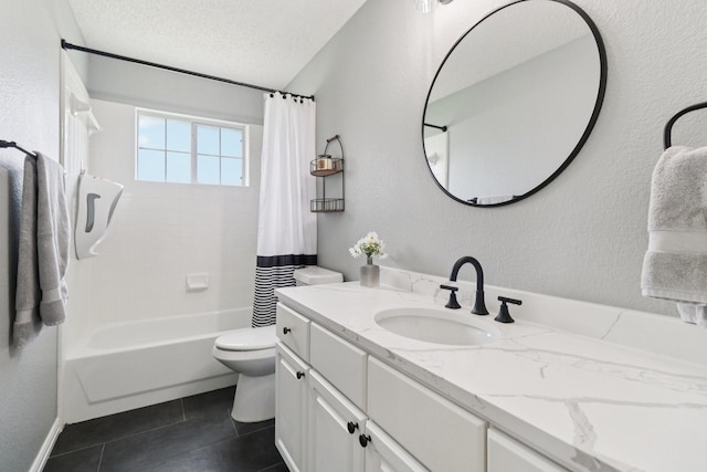 7314 Glenstone St, Rowlett, TX 75089 - full bath with vanity, toilet, shower / bath combination with curtain, a textured ceiling, and tile patterned floors