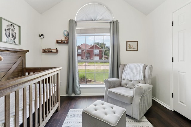 7314 Glenstone St, Rowlett, TX 75089 - bedroom with vaulted ceiling, baseboards, wood finished floors, and a nursery area