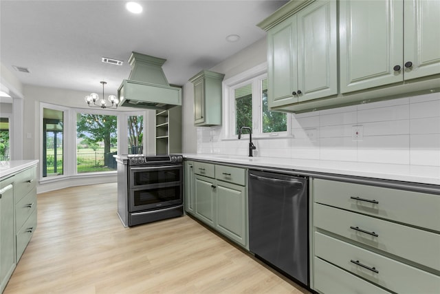 5305 Links Dr, Waco, TX 76708 - kitchen with appliances with stainless steel finishes, green cabinets, a sink, a chandelier, and backsplash