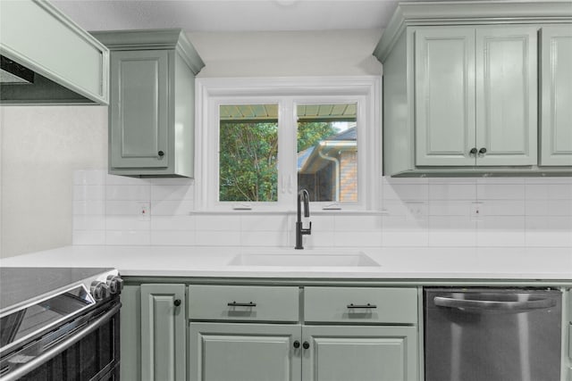 5305 Links Dr, Waco, TX 76708 - kitchen featuring stainless steel dishwasher, custom exhaust hood, a sink, backsplash, and light countertops