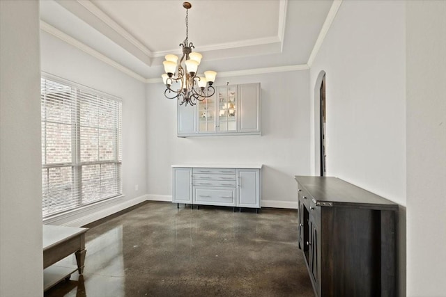 7030 Brooke Blvd, Midlothian, TX 76065 - unfurnished dining area featuring a raised ceiling, a chandelier, baseboards, crown molding, and arched walkways