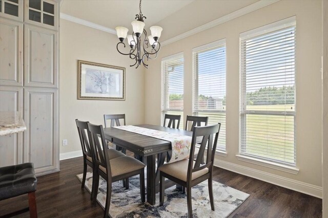 7030 Brooke Blvd, Midlothian, TX 76065 - dining area with crown molding, baseboards, a chandelier, and dark wood-type flooring