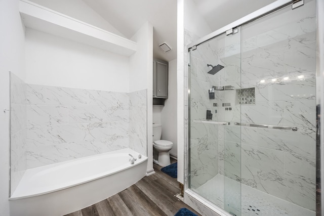 4612 Applewood Rd, Fort Worth, TX 76133 - bathroom featuring toilet, a bath, a marble finish shower, and wood finished floors