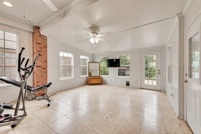 11808 Warbler Ln, Fort Worth, TX 76244 - workout area with ceiling fan, ornamental molding, light tile patterned floors, and healthy amount of natural light